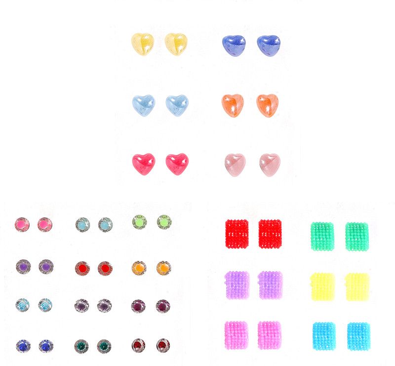 Multicolor small Crystal & Heart Shape & Multi Color Square Stud Earrings With Plastic Back for Girls and Women (Combo of 24 Pairs) Plastic Stud Earring