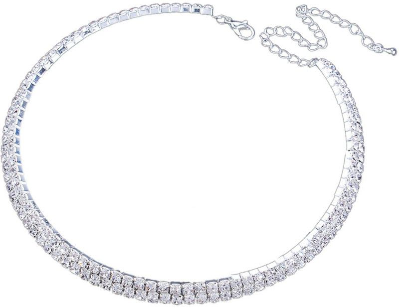 Crystal Diamante Rhinestone Two Line Choker for Women Silver Plated Alloy Choker