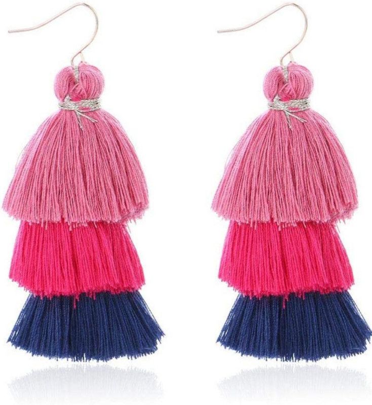 Pink & Navy Blue Three Layer Fabric Tassel Earring