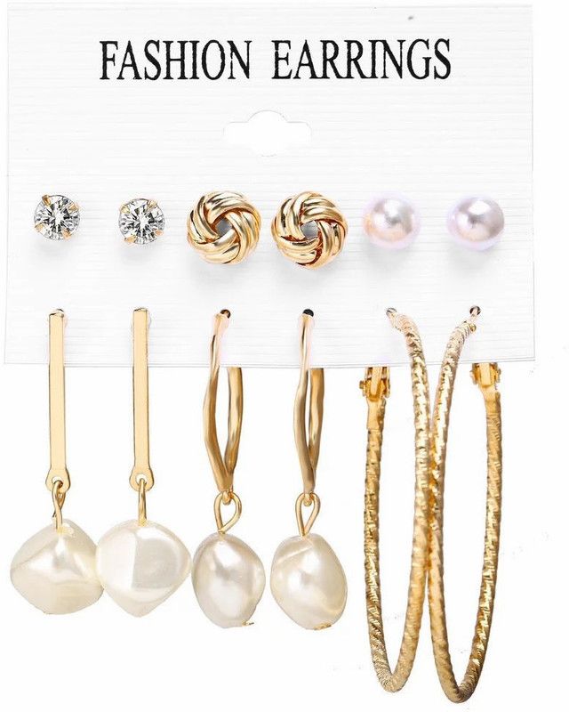 Combo of Pearl Gold Plated Stud Earring 6 Pair Set for Girls & Womens(style-A37) Metal Earring Set