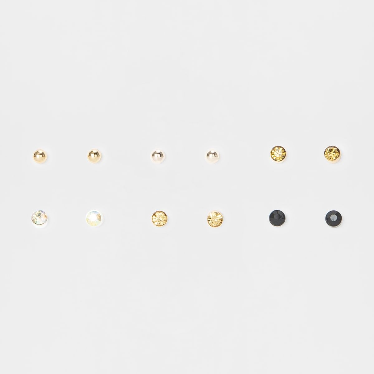 6 Pack Small Crystal Stud Earrings - Neutral