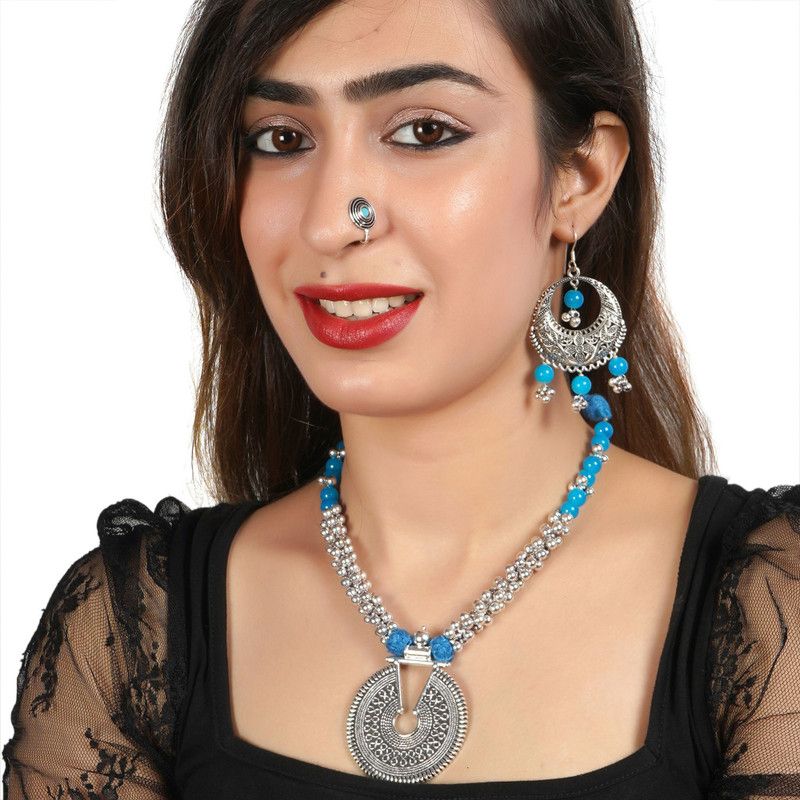 Oxidised Silver Silver Blue Jewel Set  (Pack of 1)