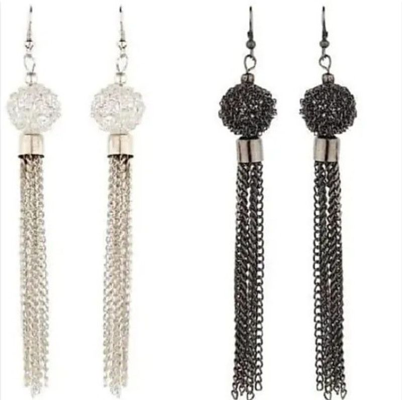 JMBW TRADITIONAL COMBO OF 2 PAIRS LONG CHAIN DROUP EARR Agate Brass Drops & Danglers