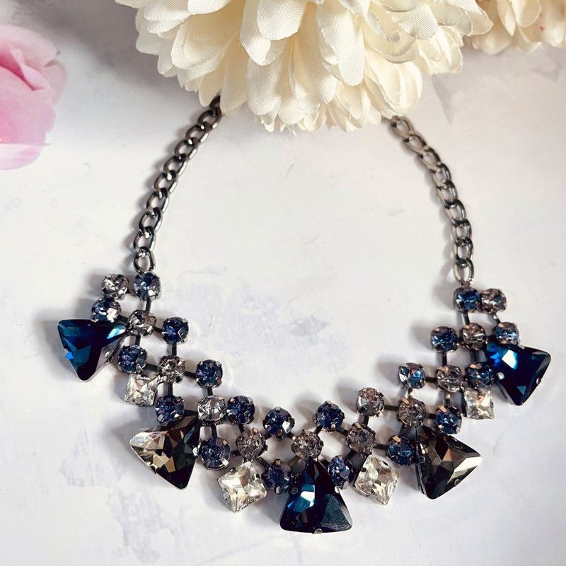 Blue Stone Crystal Necklace For Women And Girls ISH-T-27 Brass, Rhodium Plated Brass Chain