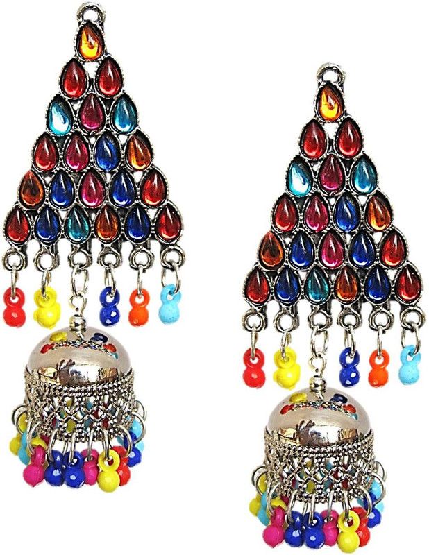 Multicolour Triangle Beads Stone, Alloy, Crystal Jhumki Earring