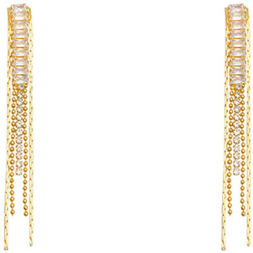 Gold Tone Crystal Studded Elegant Long Chain Drop Danglers Earrings Crystal Metal Drops & Danglers