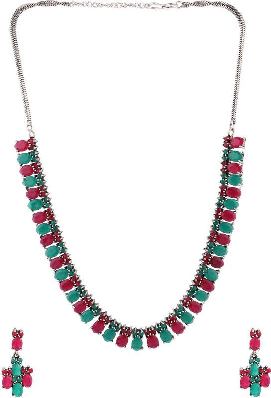 Alloy Silver Pink, Green Jewel Set  (Pack of 1)