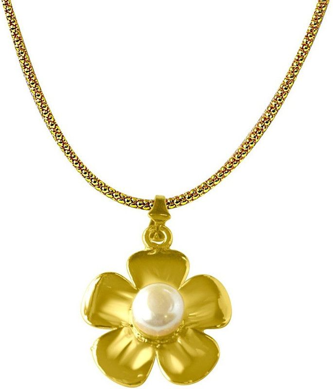 White and Gold Metal Floral Shaped Big Button Pearl and Gold-plated Pendant with Chain for Women Pearl Metal Pendant