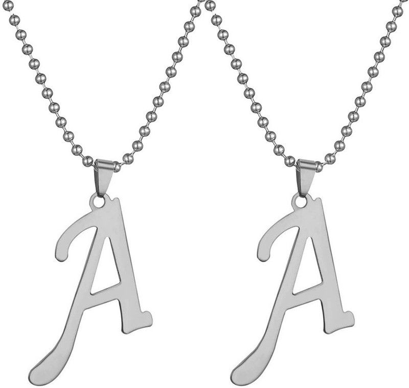 Set Of 2 Silver Name English Alphabet 'A' Letter Locket Pendant Necklace Chain Stainless Steel Pendant
