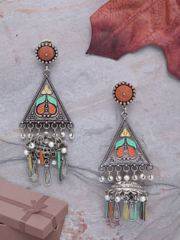 Silver-Plated Orange & Blue Hand Painted Jhumkas Agate Brass Jhumki Earring