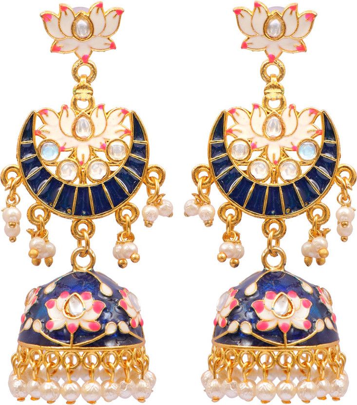 Ethnic Gold-Plated Style Blue Jhumka Earrings With White Pearls Alloy Jhumki Earring