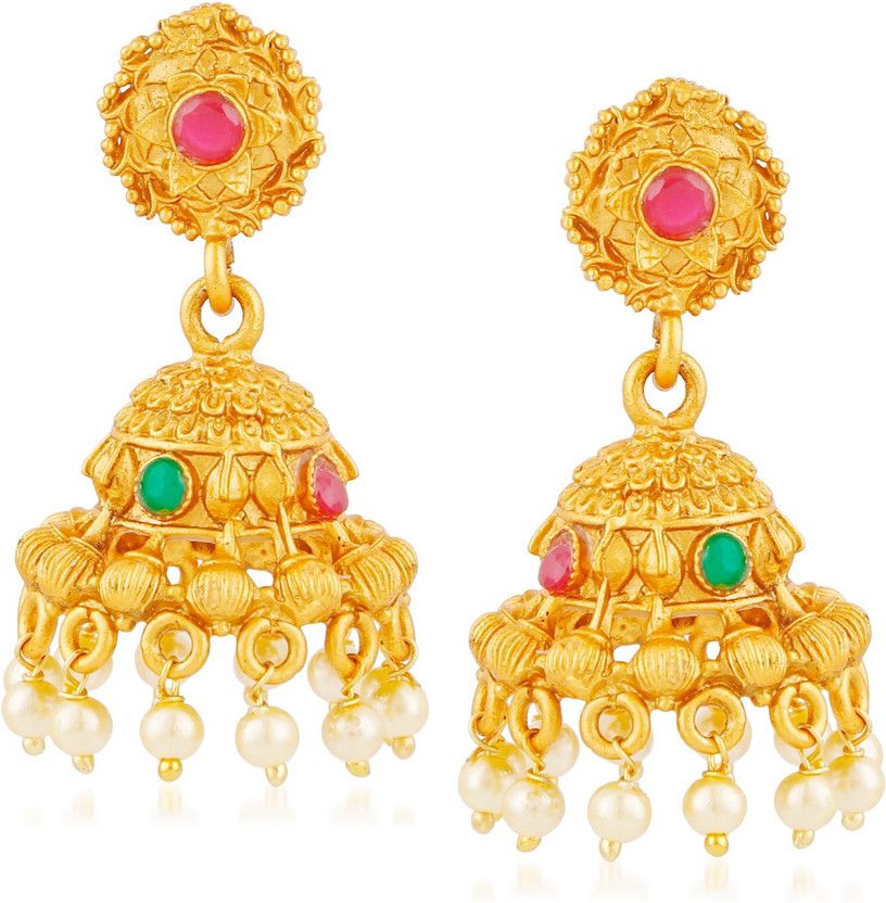 South Indian Traditional Temple Jewellery Matte Gold Bridal Party Wear Cubic Zirconia, Emerald, Pearl Copper, Brass Earring Set, Jhumki Earring