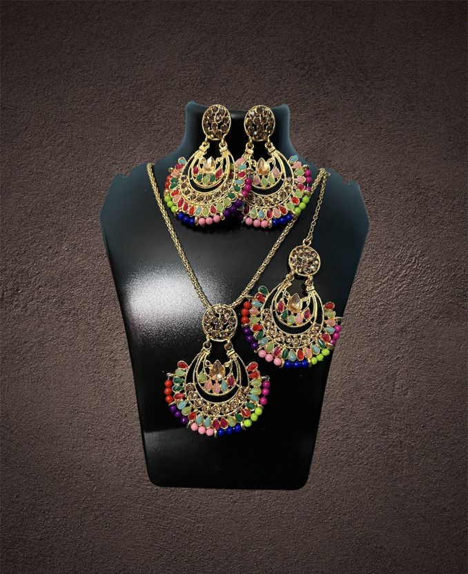 Multicolor Locket Earring Maangtika set Beads Brass Earring Set