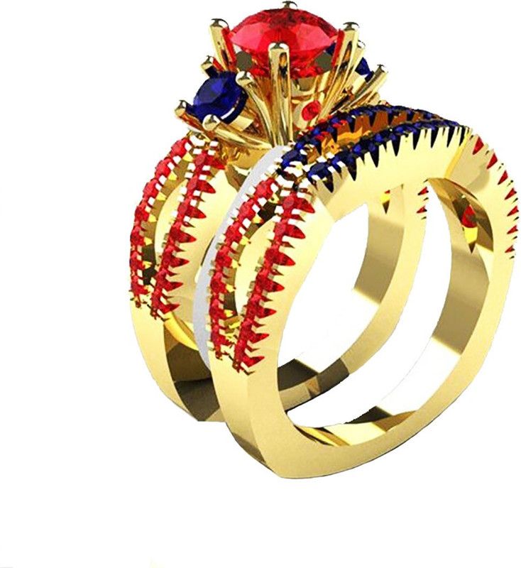 Red Rubies & Sapphire Blue Zircons Gold Plated Dual Designer Ring for Women & Girls Metal Swarovski Zirconia Gold Plated Ring