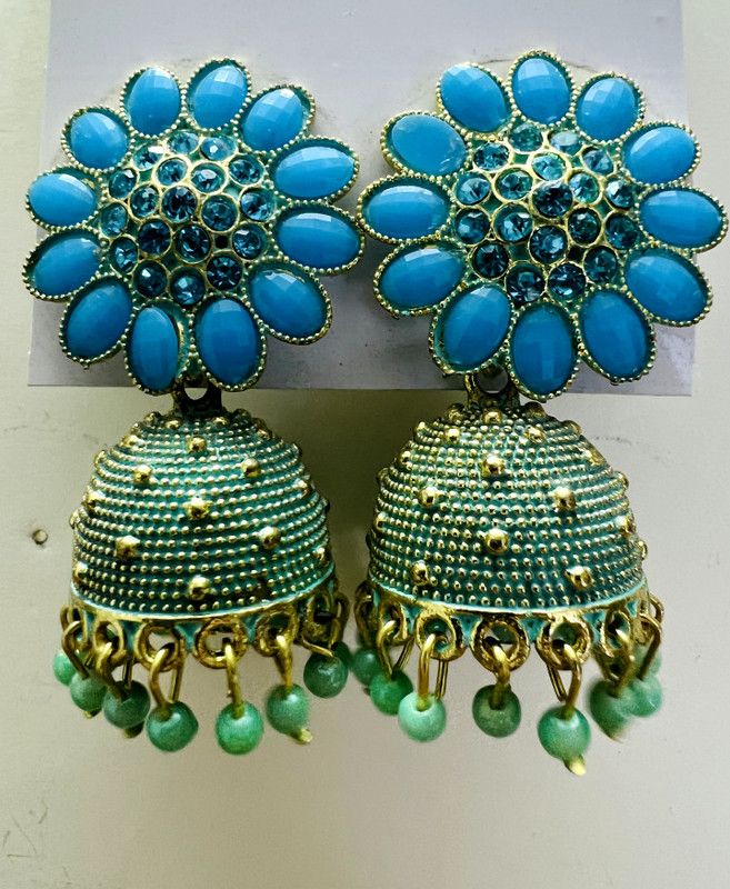 Turquoise Blue and Golden Alloy Jhumki Earring