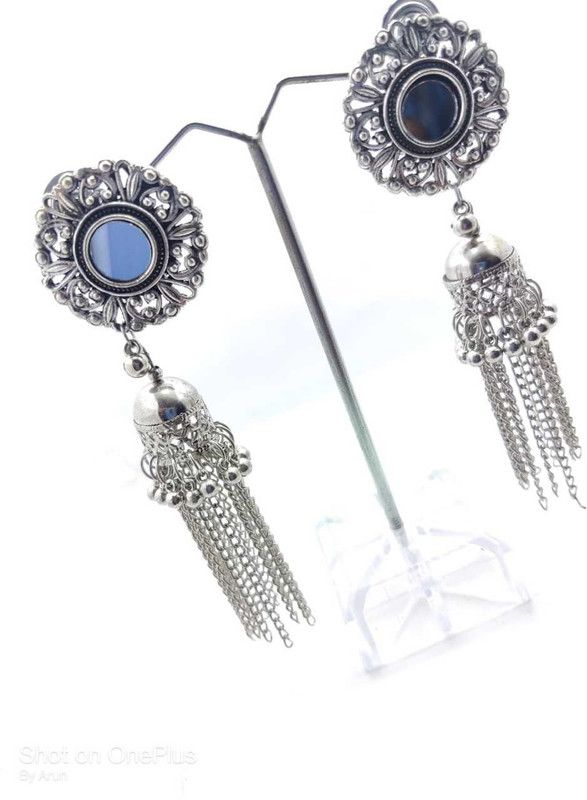 Mirror Earring With Jhumki German Silver Drops & Danglers, German Silver Jhumki Earring