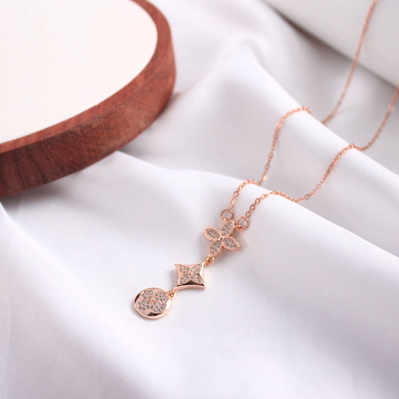 Rose gold Elegant paved CZ Crystal 3 layed differrnt pendant with chain Gold-plated Plated Stainless Steel Necklace Set