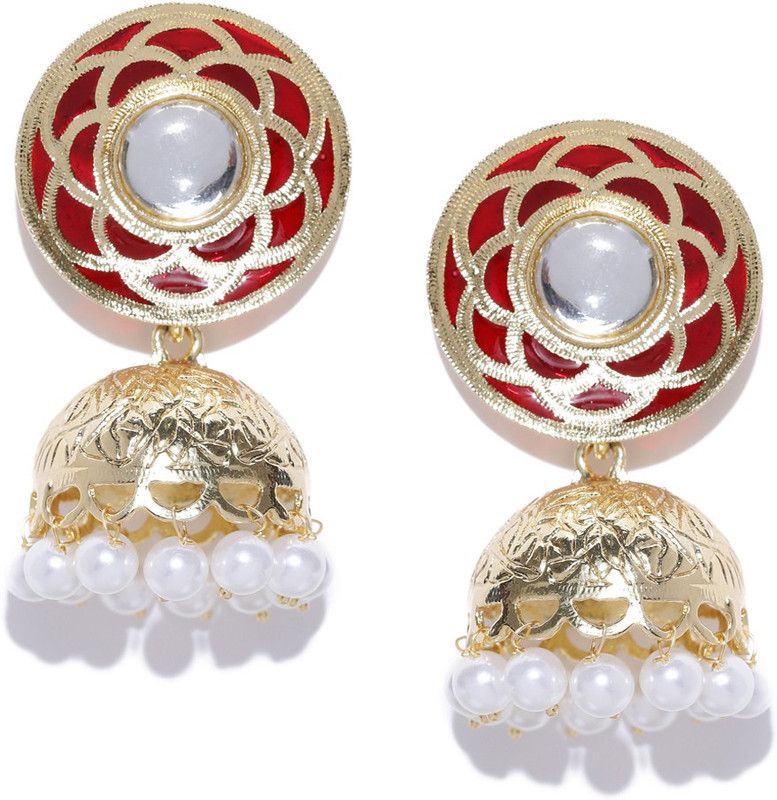 PANASH Gold-plated & Red Dome-Shaped Jhumkas Cubic Zirconia Metal Jhumki Earring
