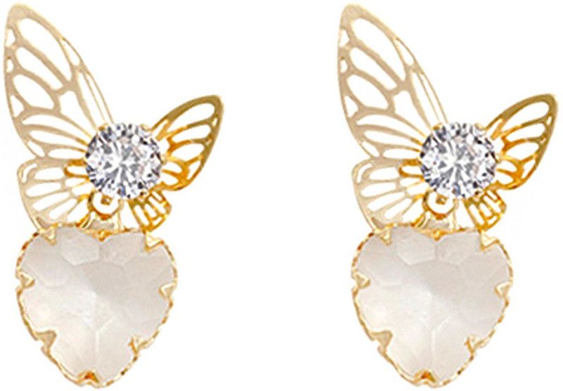 Gold Toned Butterfly shape Crystal and Pearl Heart Drop Earrings Crystal Metal Drops & Danglers
