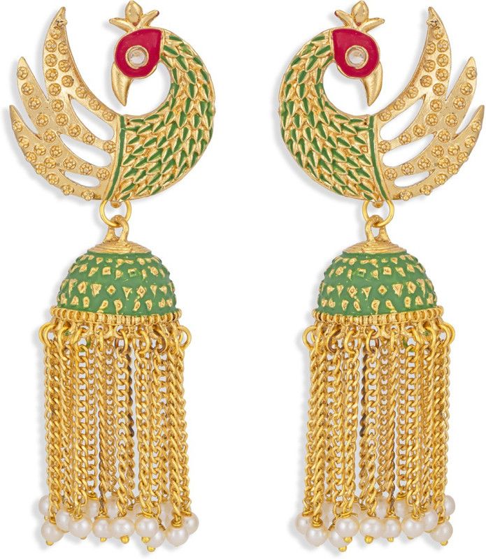 Sukkhi Incrediable Pearl Gold Plated Peacock Meenakari Jhumki Earring for Women Alloy Jhumki Earring