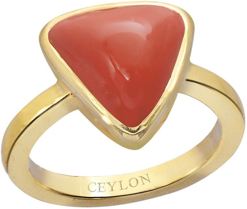 Trikona Coral Moonga 3cts or 3.25ratti Panchdhatu Silver Coral Gold Plated Ring