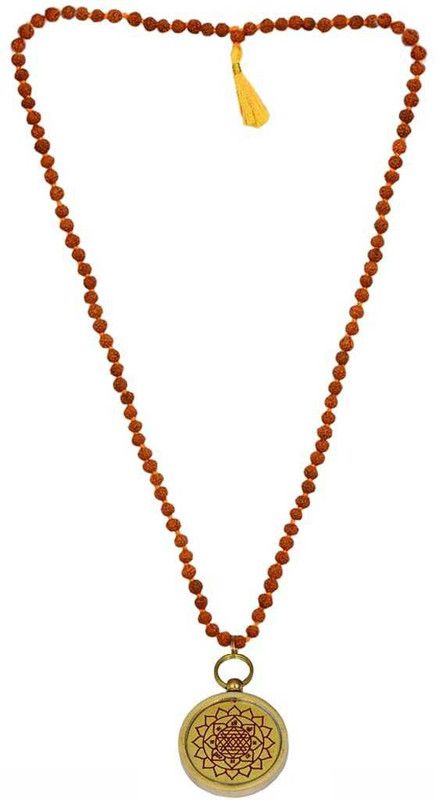 Sri Yantra Pendant with 5 Face Rudraksha Mala 108+1 (6 mm), Sri Yantram Locket Wood Necklace