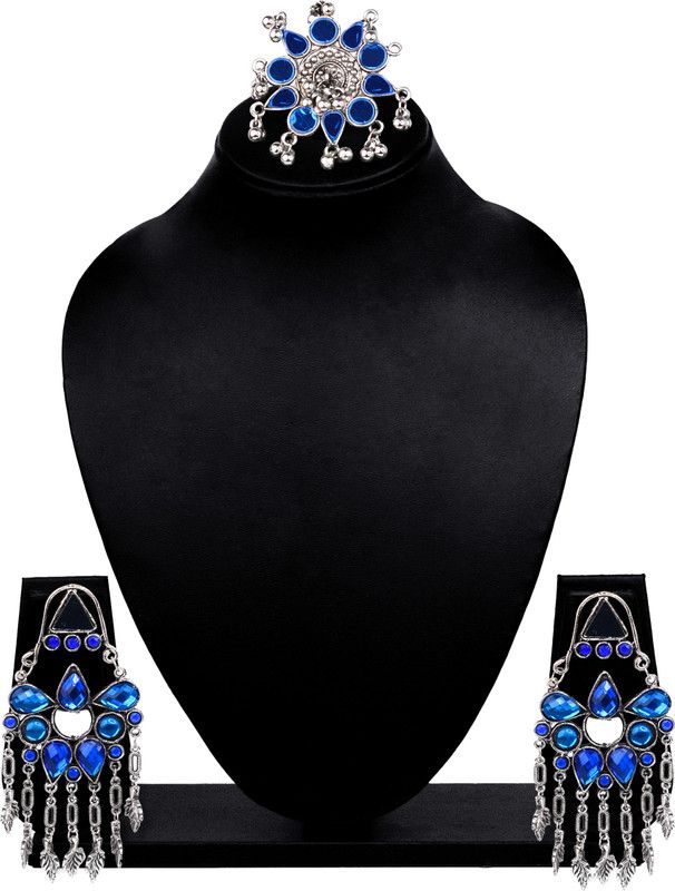Silver Oxidised Afghani Earrings with Adjustable Finger Ring Silver, Glass Drops & Danglers