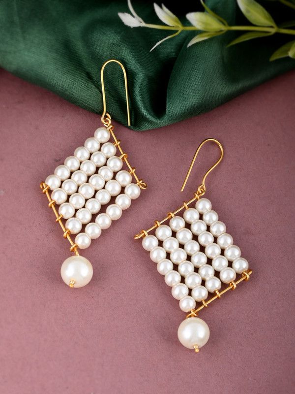 Gold Tone Pearl Dangle Western Earrings Pearl Brass Drops & Danglers