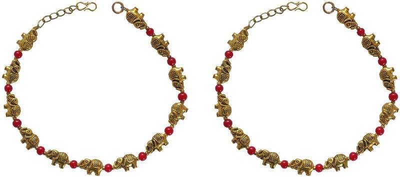 Sansar India Oxidized Elephant Beads Metal Anklet  (Pack of 2)