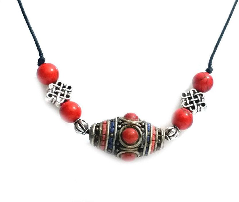 Tibetan Nepalese Tribal Antique Look Coral Pendant Crystal Metal, Crystal Pendant