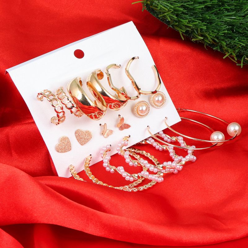 Exquisite Heart Gold Plated Buttefrly Hoop Earrings For Women Girls Combo of 9 Pearl Alloy Earring Set
