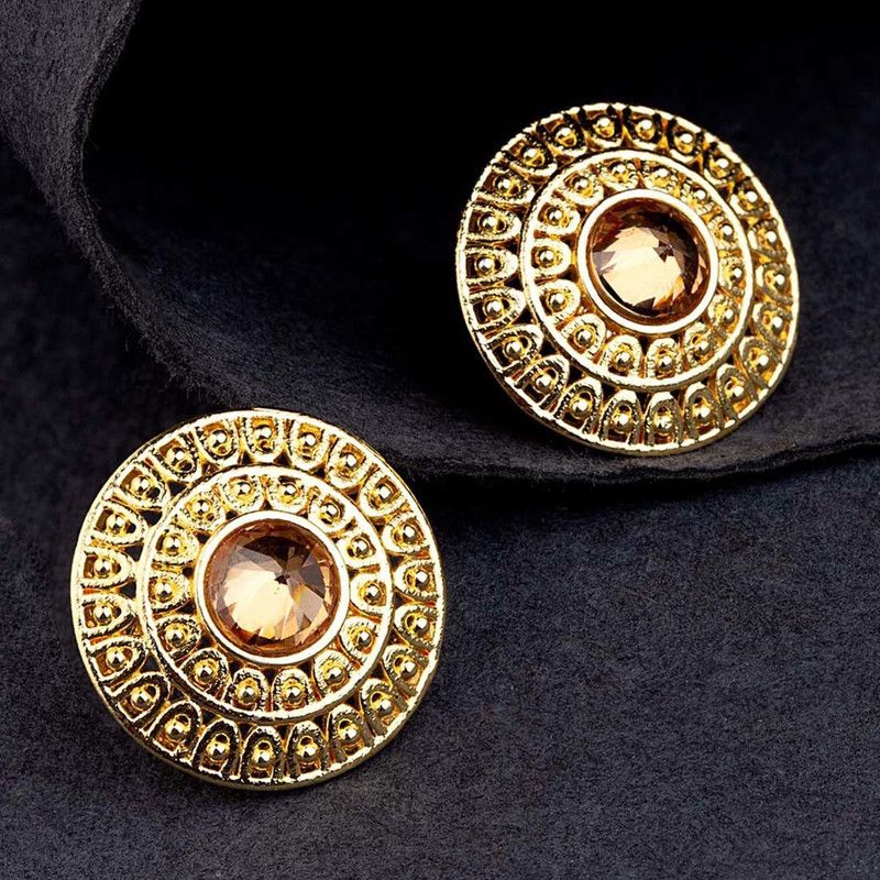 Golden Glitz Round Cut CZ Adorned Earrings Brass Stud Earring