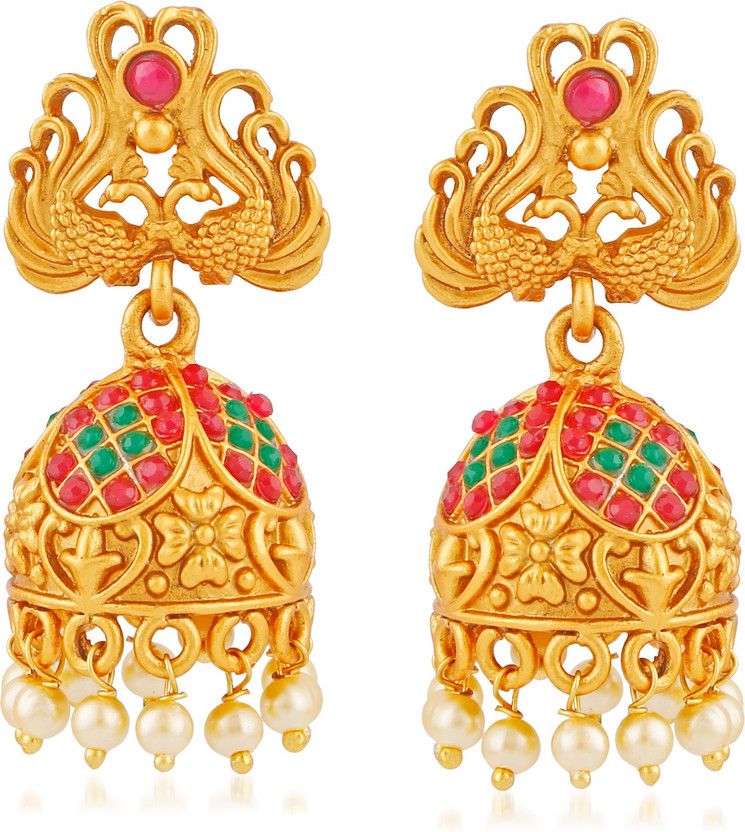 Matte Gold Plated Wedding Kundan Pearl Jewellery Sets Jhumka / Jhumki Earrings For Girls Women- Jhumki earrings-329 Beads, Pearl Copper, Brass Jhumki Earring