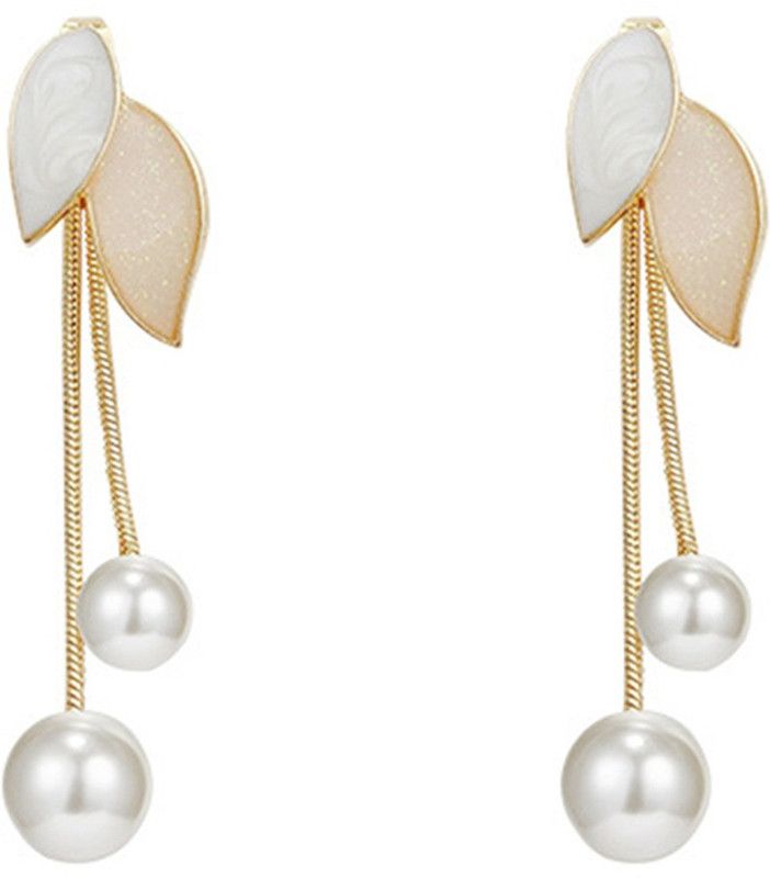 Gold Tone Multicolor Leaf Designed Stone Pearl Dangler Earrings Crystal Metal Drops & Danglers