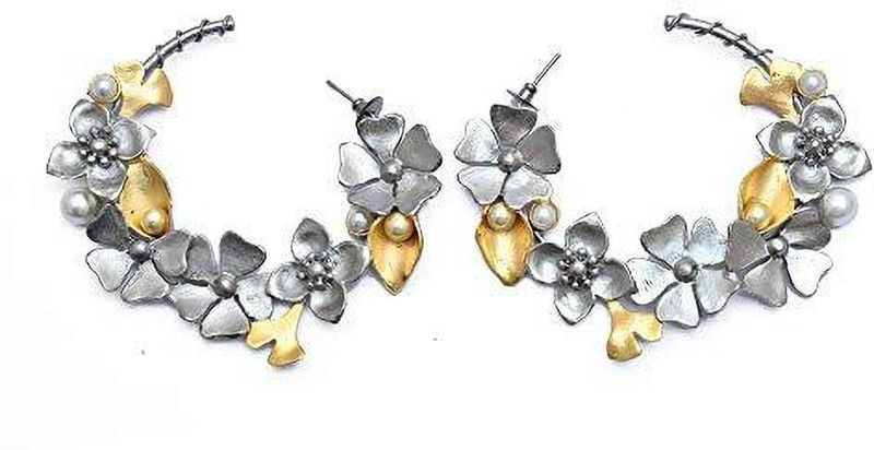 Gold Plated Hoop Earrings Designer Dual Tone Flower Design Trending Jewellery Brass Hoop Earring