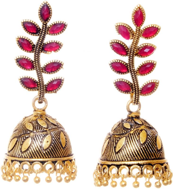 Traditional Gold Plated GRed Jhumka Earrings Alloy Clip-on Earring