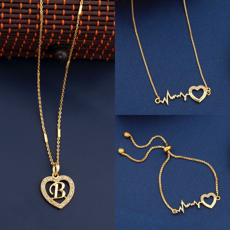 Excellent B Letter Micro Gold Plated Combo Necklace Chain for Women and Girls Diamond, Ruby Gold-plated Plated Alloy Necklace