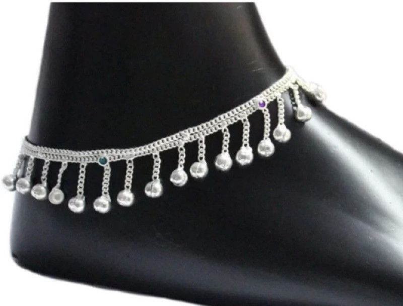 LUCRATIVECRYSTAL Silver Plated White Metal Indian Traditional Ethnic Fancy Pair Stainless Steel Anklet  (Pack of 2)