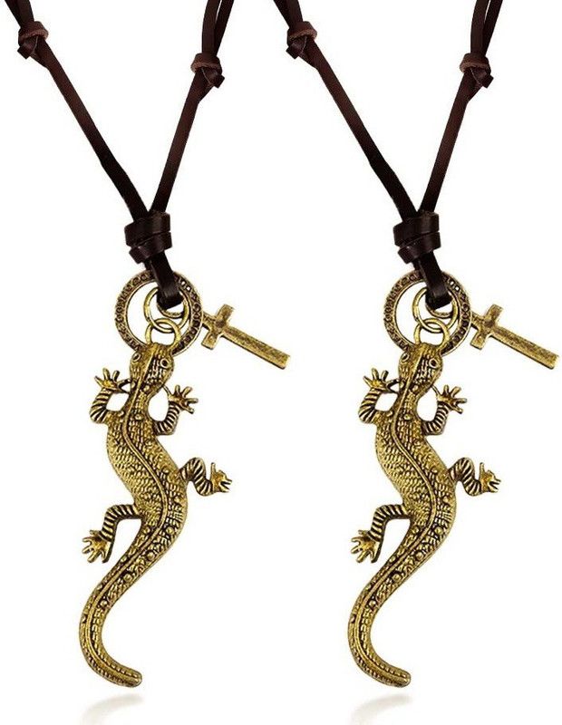 Set Of 2 Dotted Animal Lizard Tag Charms Cross Leather Rope Cord Locket Pendant Silver Leather