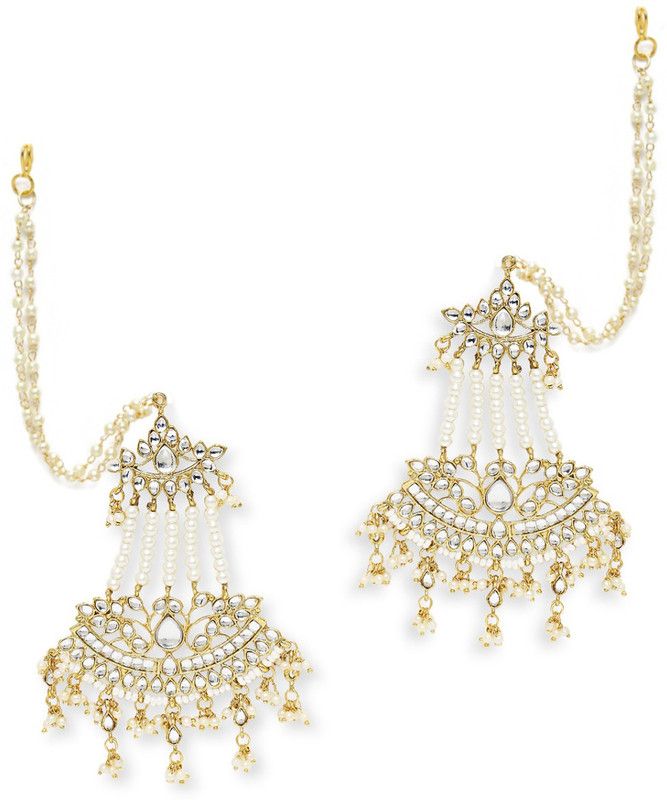 Gold Tone Kundan & Pearl Ethnic Large Drop Earrings with Hair Chain Beads, Crystal Alloy Drops & Danglers