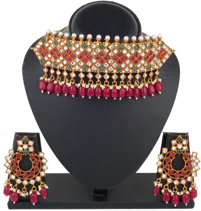 Brass, Zinc Gold-plated Ruby Red, Green, Gold Jewel Set  (Pack of 1)