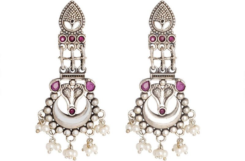 Teejh Snharika Red Stone Silver Oxidised Earrings Brass Drops & Danglers