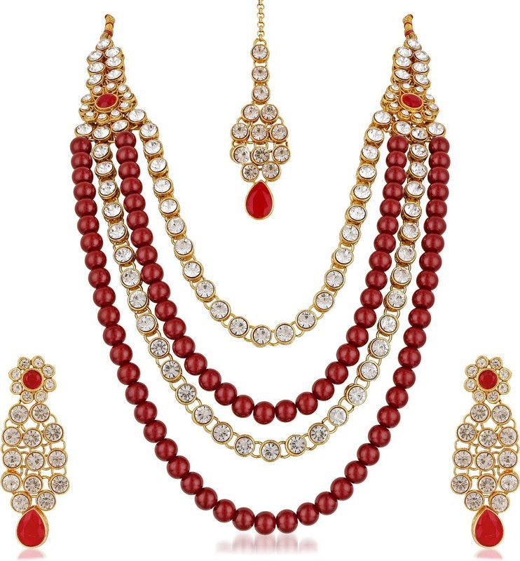 Brass, Copper Gold-plated Maroon Jewel Set  (Pack of 1)