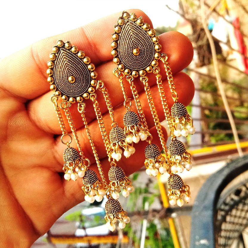 Designer golden Jhumka earrings for women Party wear Bhahubali long Jhumki earrings chain jhumka for girls Alloy Jhumki Earring