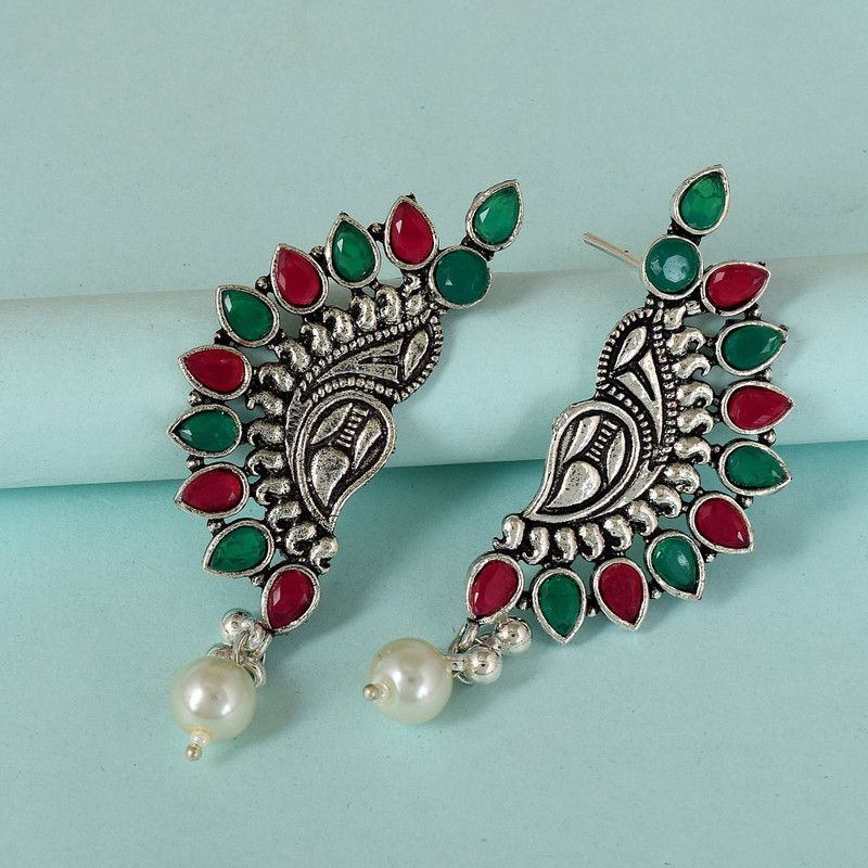 Silver Oxidised half shell Design ruby emerald Studed Jhumka jhumkI Brass Jhumki Earring