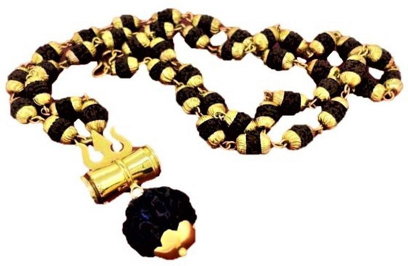 5 Mukhi Rudraksha Shiv Kavach with Trishul and Damru Pendant Set Brass Plated Brass Chain Wood Chain