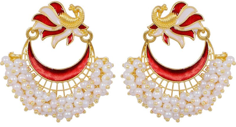 Gold-Plated Maroon Peacock Chandbali White Pearl Dangler Earrings Alloy Drops & Danglers