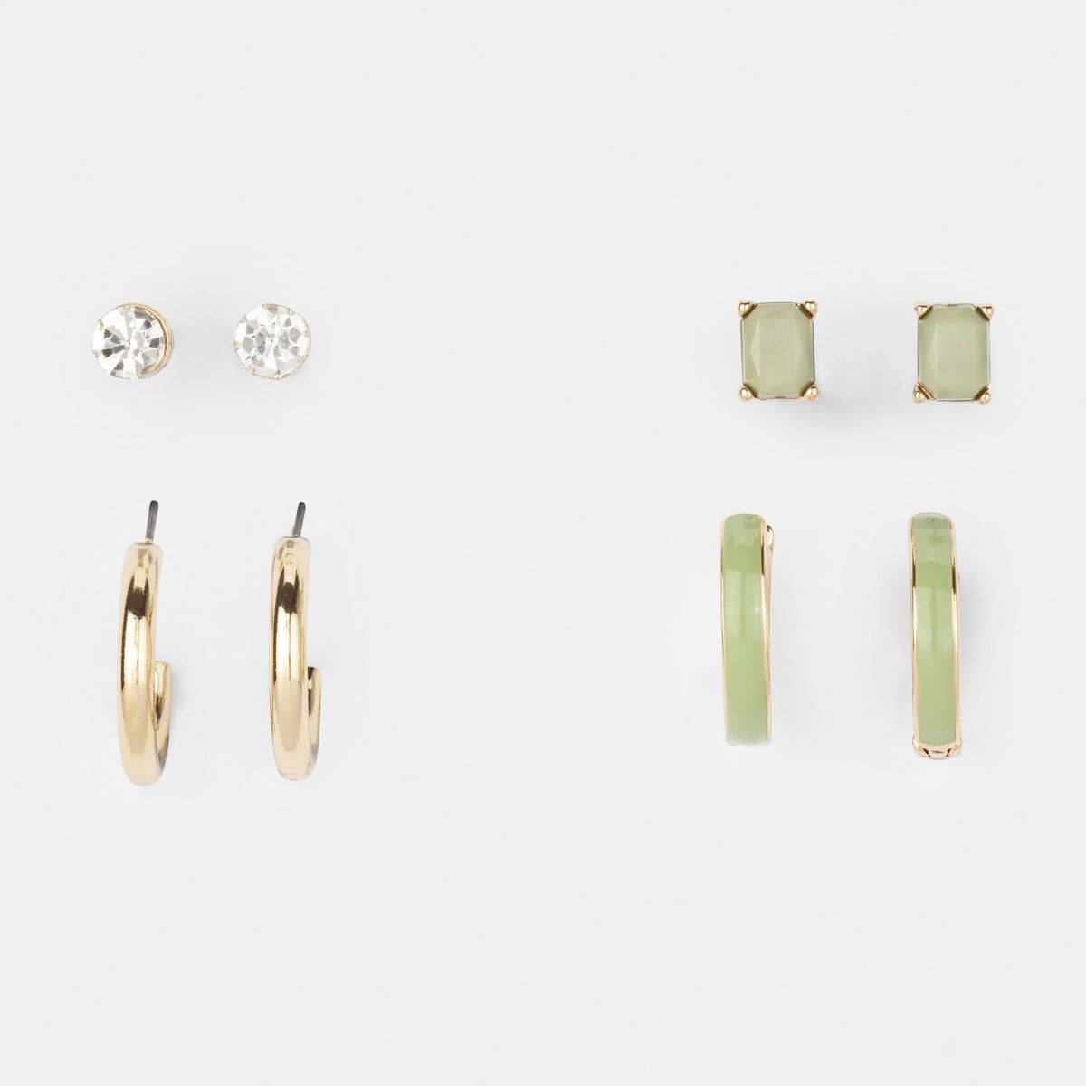 4 Pack Enamel Stud and Hoop Earrings - Sage and Gold Look
