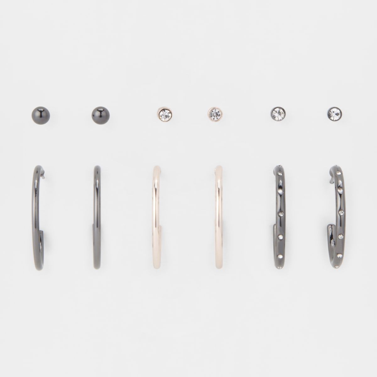 6 Pack Hoop and Stud Earrings - Rose Gold Look and Gunmetal