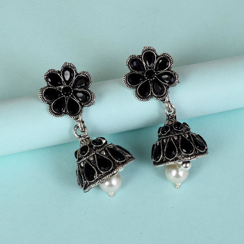 Silver Oxidised Floral Designer black onyx Studed Jhumka jhumki Earrings Brass Jhumki Earring